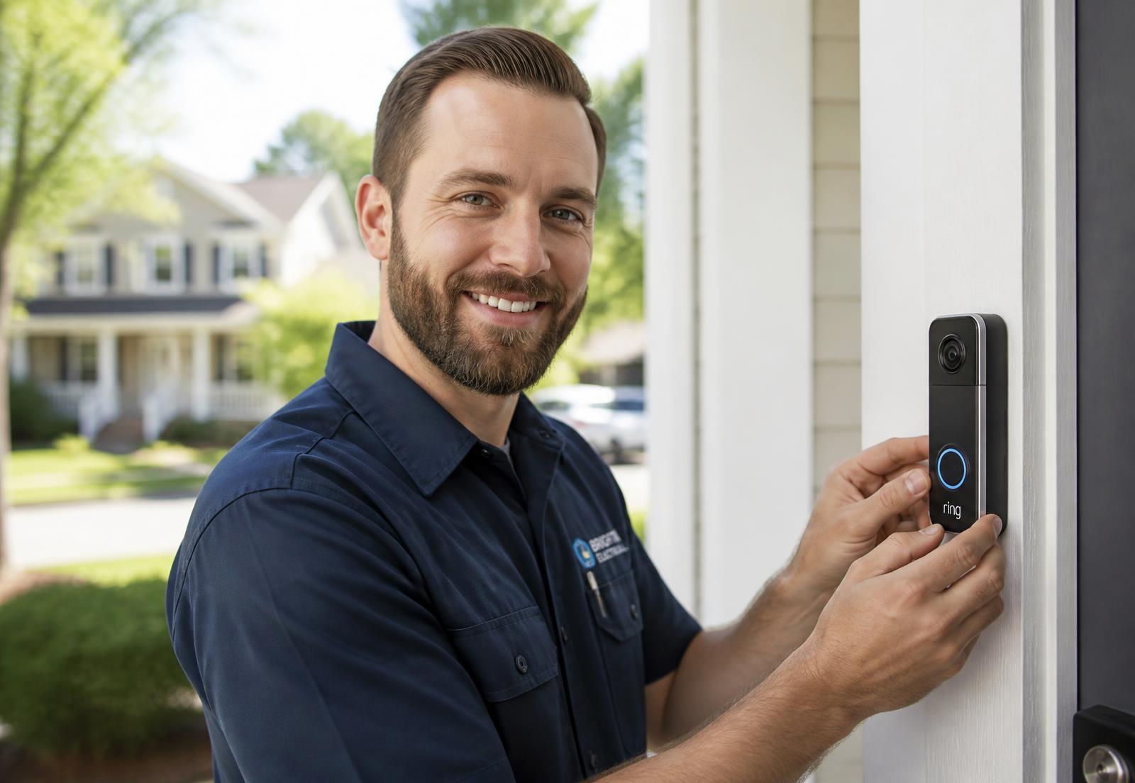 Electrician installing a Ring video doorbell camera at a home's front door